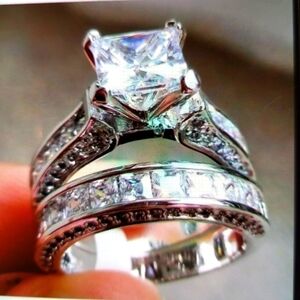 Engagement set 925 silver  and band a 2 pcs set beautiful rhinestones si…